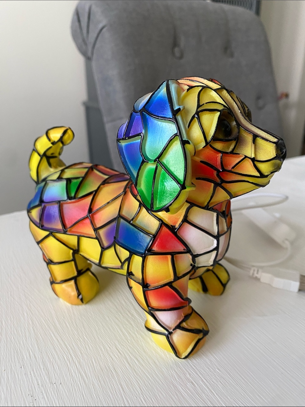 Tiffany Style Lamp Colorful Mosaic Dog Figurine LED Light, USB - Picture 9 of 11